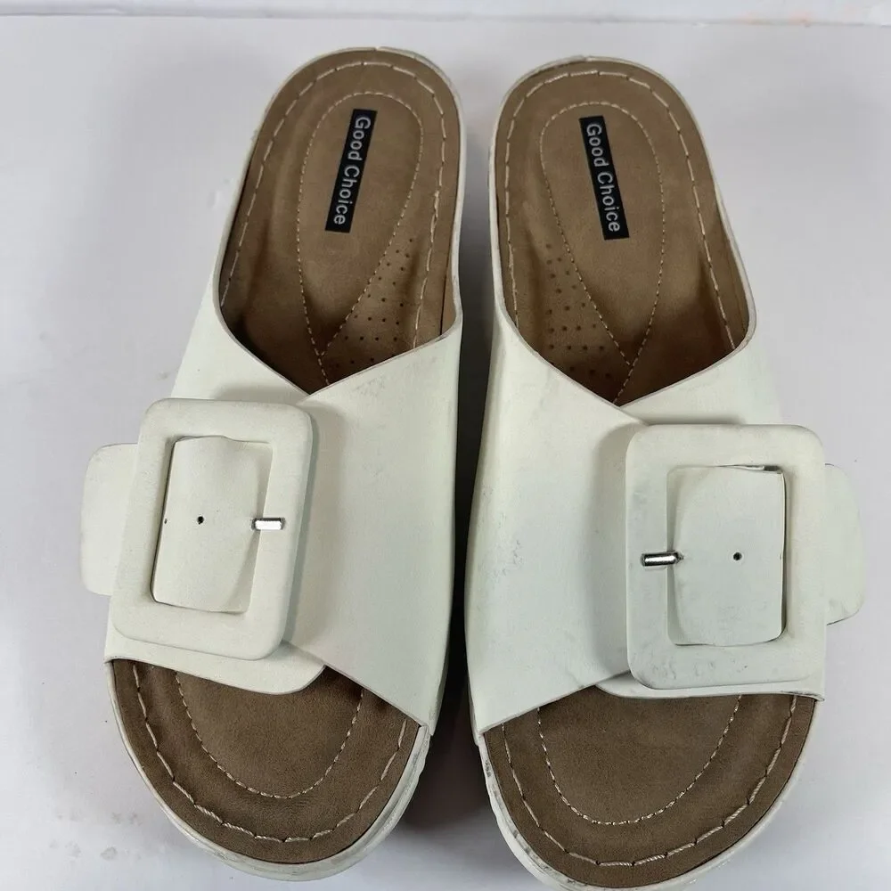 Good Choice Women’s White Buckle Slide Sandals – Size 8
